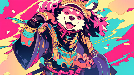 Cute dog wearing Japanese samurai armor, cool poses, cute kawaii, simple, smiling happy. high quality, neon psychedelic background