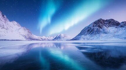 Brilliant Northern Lights Reflecting Over a Stunning Snowy Mountain Landscape