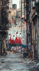 Fototapeta premium A graffiti covered alleyway with a red and white mural on the wall. The alleyway is narrow and has a lot of trash on the ground