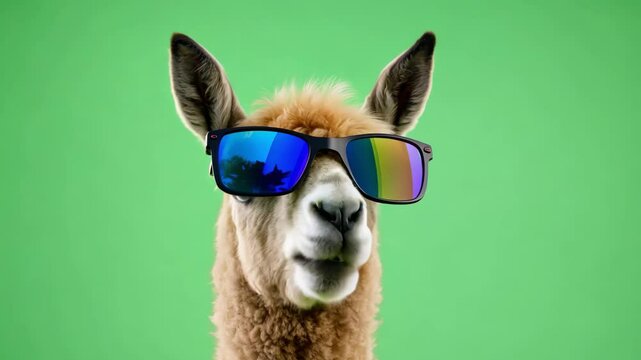 A humorous image of a llama wearing stylish sunglasses, standing against a bright green background.
