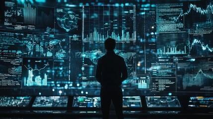 A man stands in front of a computer monitor displaying a lot of data. The man is looking at the screen with a sense of curiosity or concern