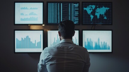 A man is sitting in front of a computer monitor with several screens displaying different graphs and charts. He is focused on the data, possibly analyzing it for work or research purposes