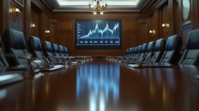 A large conference room with a large screen on the wall showing a graph. The room is filled with people sitting in chairs