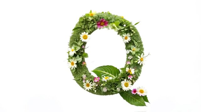 Floral Green Letter Q Decorated With Daisies and Vibrant Flowers Generative AI