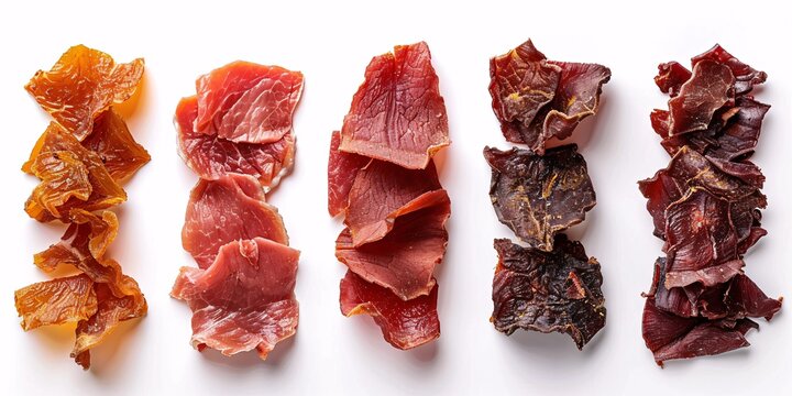 Dehydrated chicken, beef, and pork snacks on a white background.