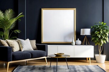 Modern living room with gold accents and a blank canvas.
