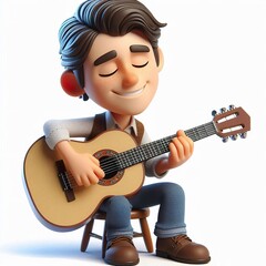 Obraz premium A cartoon musician playing a guitar, smiling gently, 4D