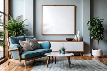 Modern Living Room with Teal Couch and Blank Canvas.