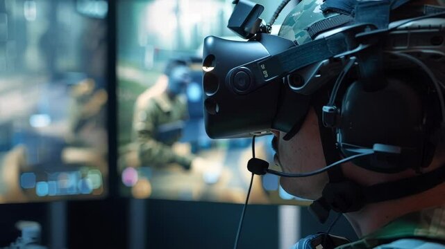 Soldier is wearing a vr headset and experiencing a simulated battlefield environment, showcasing the innovative use of virtual reality in military training