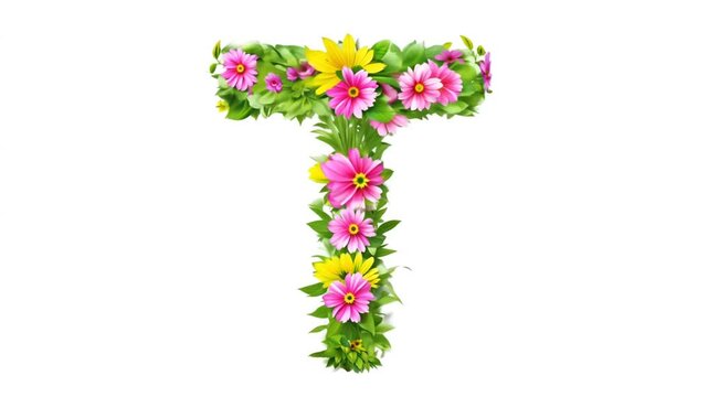 Colorful Floral Letter T Arrangement With Vibrant Flowers and Leaves Generative AI
