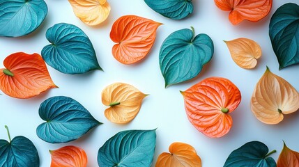 Fototapeta premium Vibrant Teal and Sunset Orange Tropical Leaves with Anthurium Petals on White Background