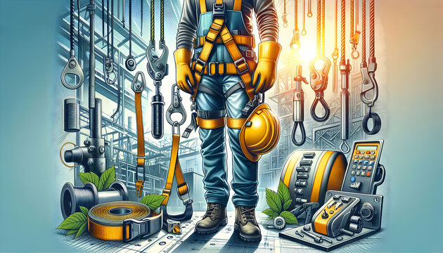Photo Realistic as Safety harness and manufacturing equipment concept as A safety harness paired with manufacturing equipment symbolizing the importance of fall protection in industrial settings perfe