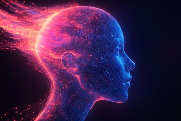 Neon-lit digital human head with circuitry, symbolizing AI and technology integration, dark background.