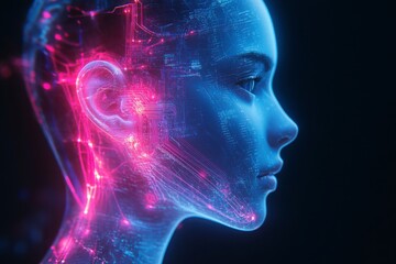Obraz premium Neon-lit digital human head with circuitry, symbolizing AI and technology integration, dark background.