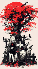 Horror Ambient Character in a Graveyard Black and White in Anime Manga Art Style Wallpaper
