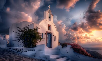 Beautiful view of Churches in Oia village, Santorini island in Greece at sunset, with dramatic sky. 