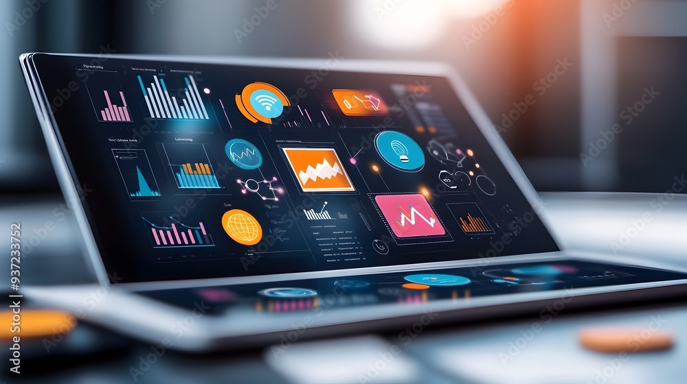 Poster dynamic and modern digital marketing concept with data analytics icons and charts displayed on a com