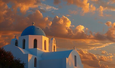 Beautiful view of Churches in Oia village, Santorini island in Greece at sunset, with dramatic sky. 