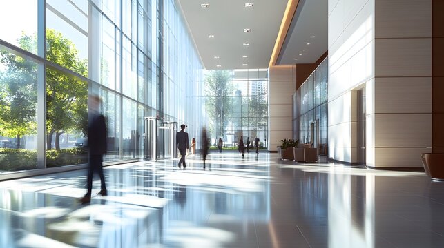 Blurred office building lobby with people walking in a modern corporate environment  Intentionally blurred background with clean minimalist design and architecture