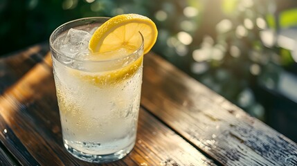 Refreshing iced lemonade in a glass with condensation placed on a wooden table with ample space on the side for copy capturing the essence of summer vibes and relaxation
