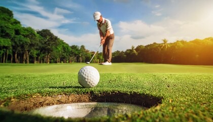 golf player putting golf ball into hole