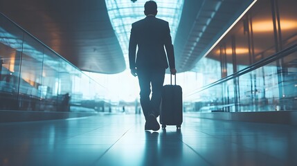 Businessperson Walking Through an Airport Terminal With Luggage With Blurred Background Providing Copy Space for Text or Graphic Overlay