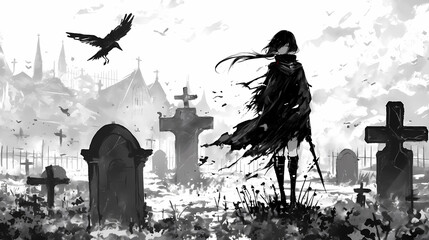Spooky Horror Character Black and White Anime Manga Art Style Wallpaper