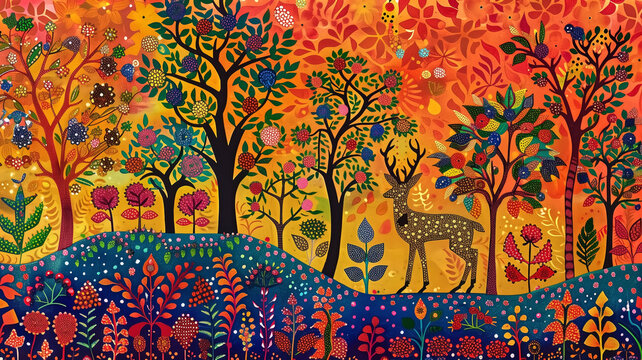 Traditional Gond art of deer and trees against a colorful backgr