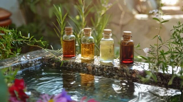 Four bottles containing aromatherapy oils are resting on the edge of a granite fountain surrounded by rosemary and flowers