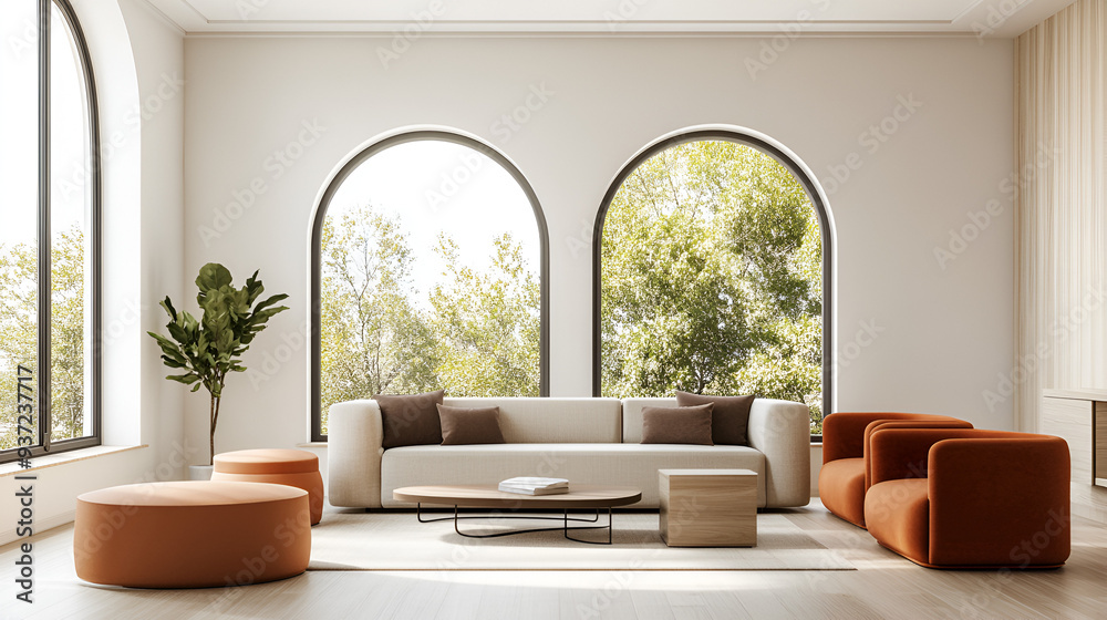 Wall mural modern living room with arched windows and cozy furnishings