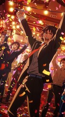 A group of animated men dances energetically at a vibrant New Year's Eve party, surrounded by confetti and festive lights