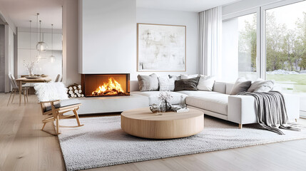 Modern Living Room with Cozy Fireplace and Large Windows - Perfect for Relaxation