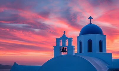 Beautiful view of Churches in Oia village, Santorini island in Greece at sunset, with dramatic sky. 