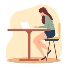 working in office. Worker at table. Laptop on desk. Person in front or back. Business character. People sitting on chair. Computer on desktop. Managers workplace