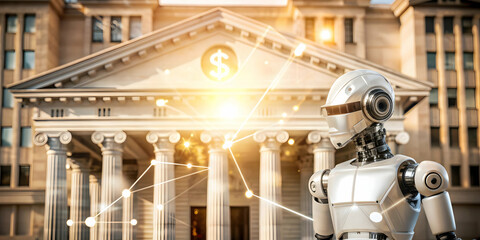 Photo Realistic as AI machine learning and banking sector concept as An AI machine learning icon paired with a banking sector icon representing the role of AI in transforming traditional banking ideal