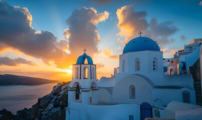 Beautiful view of Churches in Oia village, Santorini island in Greece at sunset, with dramatic sky. 