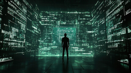 Sci-fi inspired high-resolution image of a digital human silhouette standing before a holographic interface with advanced AI and data visualizations against a cityscape.