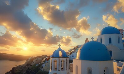 Beautiful view of Churches in Oia village, Santorini island in Greece at sunset, with dramatic sky. 