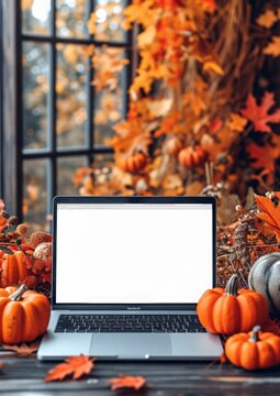 Laptop with blank screen and cute pumpkin. Mock up promotion offer ads for thanksgiving oor Halloween. Template for ads digital online shopping. promo fall sale, promotion offer ads
