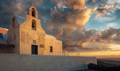 Beautiful view of Churches in Oia village, Santorini island in Greece at sunset, with dramatic sky. 