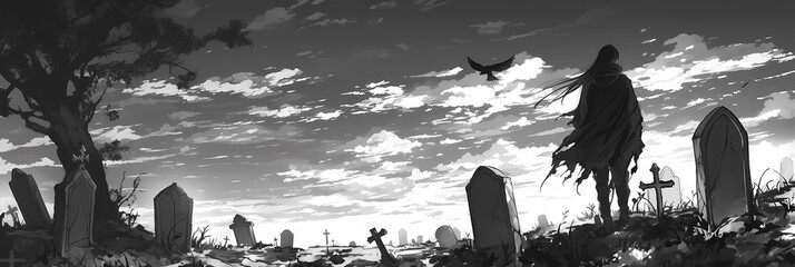 Naklejka premium Spooky Horror Character Black and White Anime Manga Art Style Wallpaper
