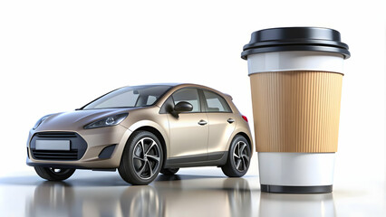 Photo Realistic as Electric car and reusable coffee cup concept as An electric car paired with a reusable coffee cup representing the integration of sustainable transport and eco friendly daily habits