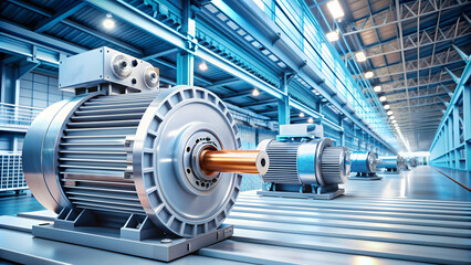 Fototapeta premium Photo Realistic as Electric motor and production line concept as An electric motor paired with a production line symbolizing eco friendly power solutions in manufacturing processes ideal for isolated 