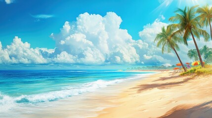 Obraz premium A serene beach scene with palm trees, soft waves, and vibrant clouds under a bright sky.