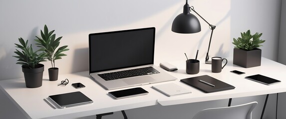 Minimalist Home Office Workspace Illustration Featuring Sleek Furniture, Digital Devices, Clean Lines, and a Clutter-Free Design in Neutral Tones, Perfect for Modern Tech-Driven Productivity 