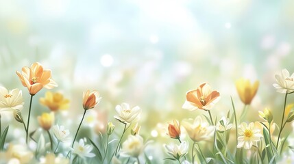 Fototapeta premium A serene field of colorful flowers in soft focus, creating a tranquil atmosphere.