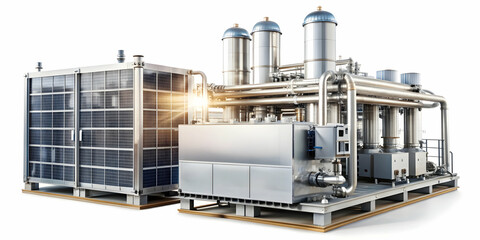 Photo Realistic as Hydrogen fuel cell and factory assembly concept as A hydrogen fuel cell paired with a factory assembly representing advanced renewable energy solutions in manufacturing perfect for 