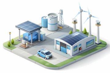 Photo Realistic as Hydrogen fuel station and manufacturing hub concept as A hydrogen fuel station paired with a manufacturing hub representing advanced renewable energy solutions in industrial complex