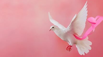 Obraz premium Pink Ribbon and Dove Artwork: A dove carrying a pink ribbon in its beak, symbolizing peace and hope, with copy space