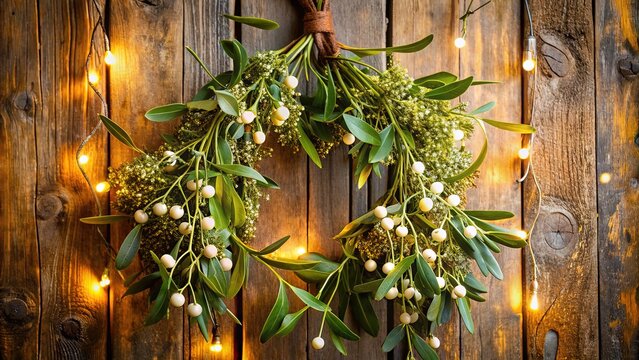 Delicate, lush green mistletoe with creamy white berries hangs from a rustic wooden doorframe, awaiting a romantic winter kiss beneath twinkling string lights.
